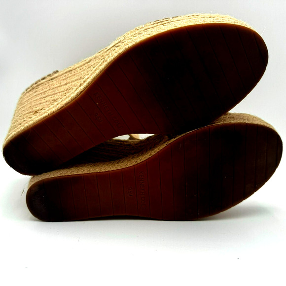 KENNETH COLE Women's 9.5 Olivia T-Strap Leather‎ Beige Espadrille Wedge Sandals - Picture 6 of 9